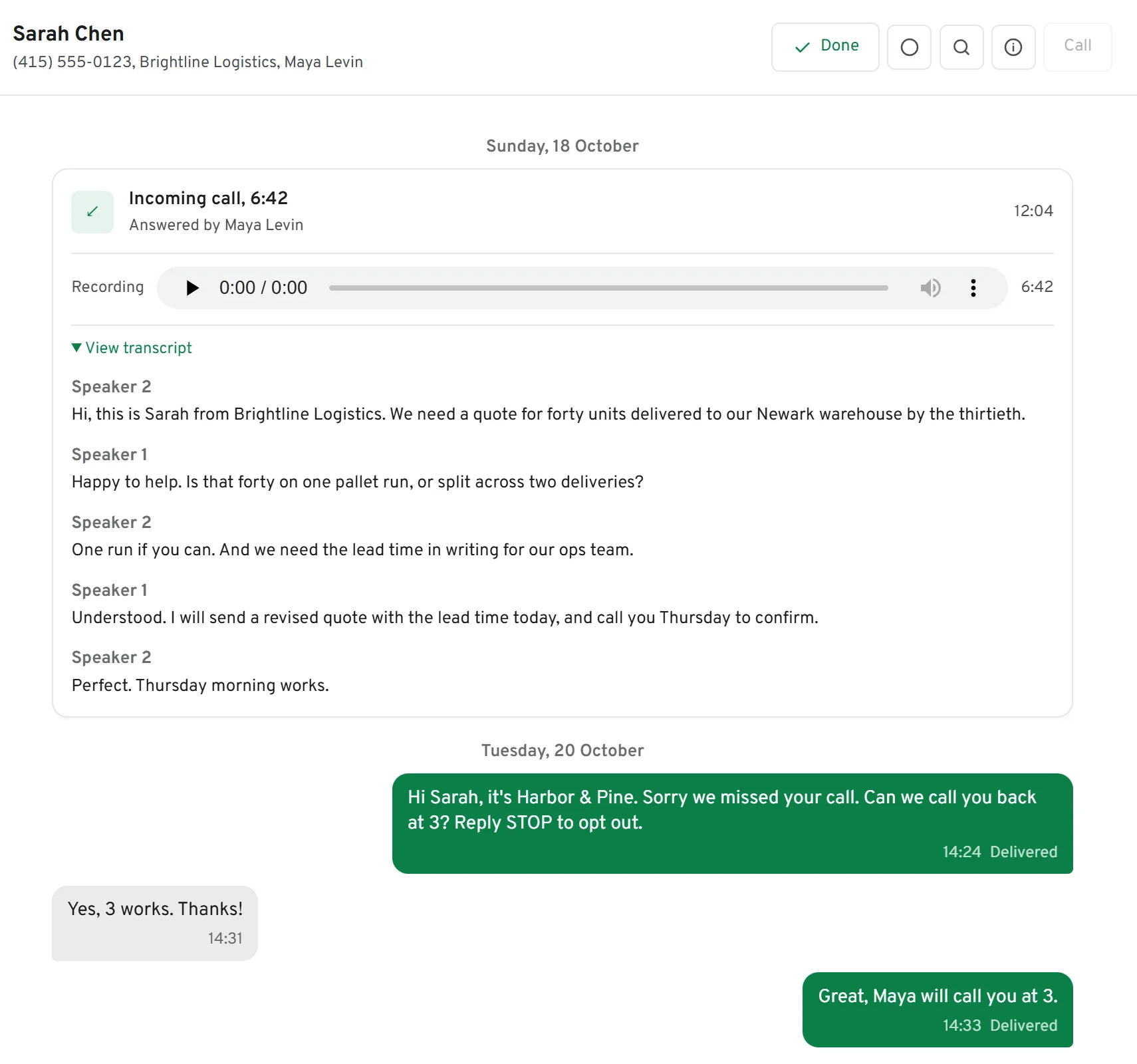 One conversation in the app: a recorded call with its transcript, then texts with the same customer, each marked Delivered.