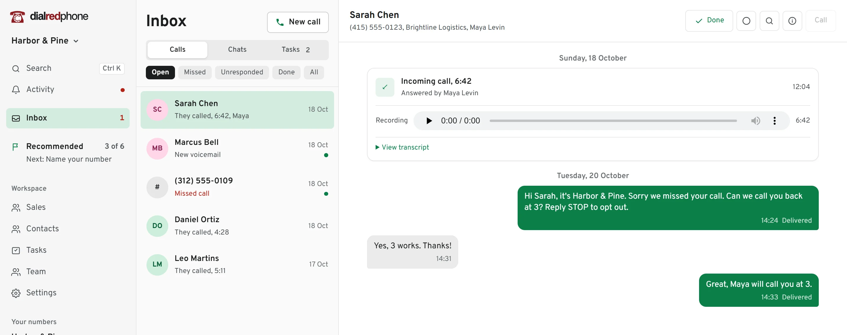 The Redphone app in a browser: the shared inbox, and a recorded call with its transcript.