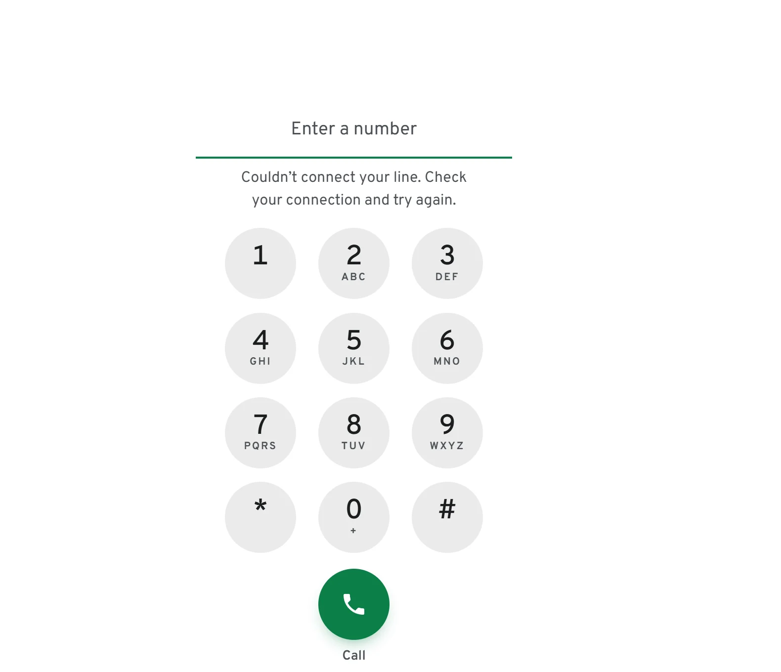 The dial pad in the app: a number field, twelve keys with letters, and a green Call button.