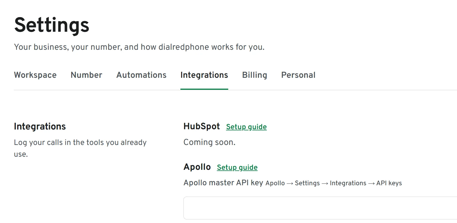 Settings, Integrations: HubSpot coming soon, and a field for the Apollo master API key with a Connect Apollo button.
