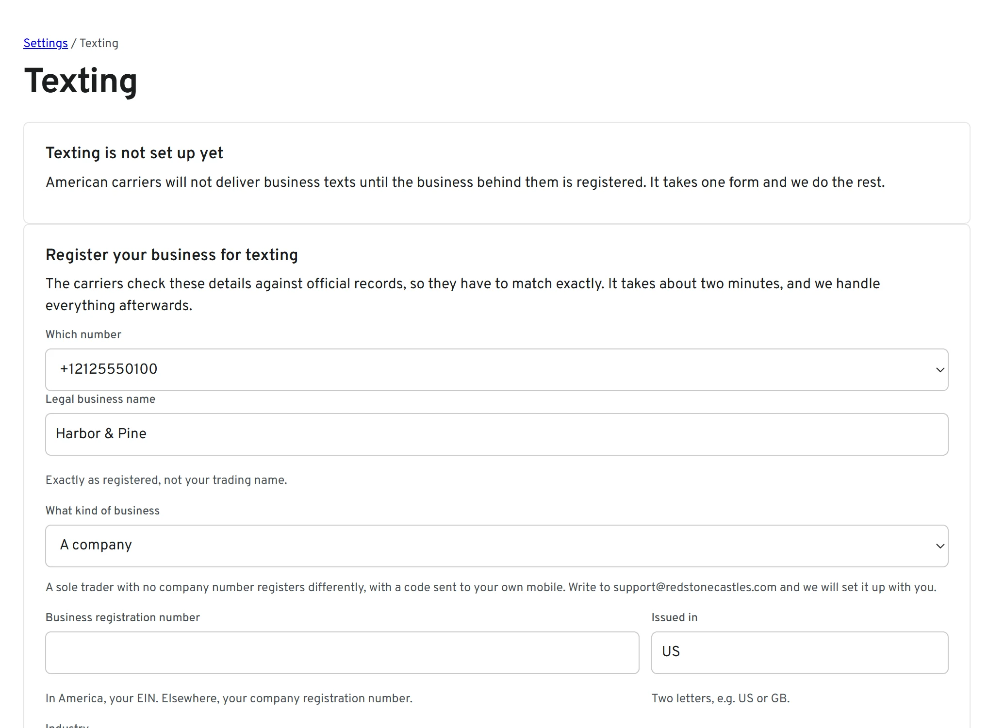 Settings, Texting: the registration form with the number, legal business name, kind of business, registration number and industry.